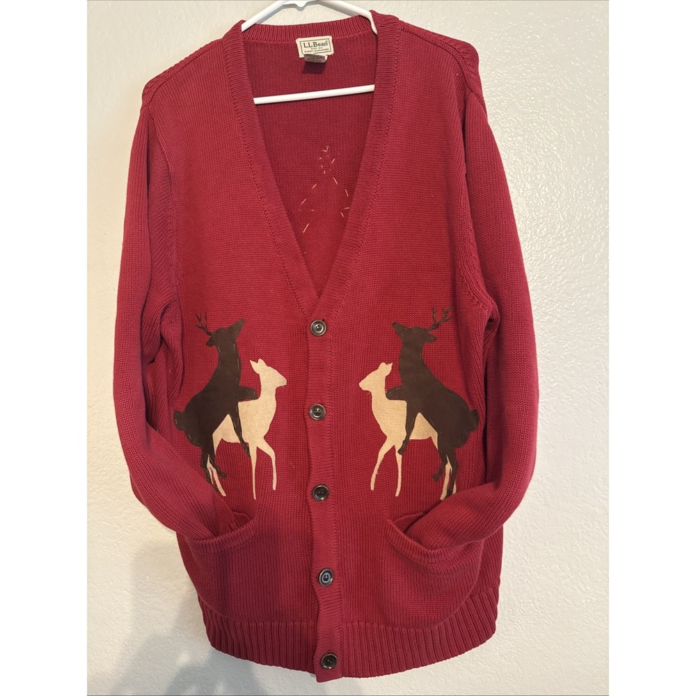 VTG L.L. Bean Naughty Christmas Cardigan Sweater Mens L Red Cotton Middle Finger